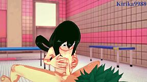 himiko toga and tsuyu asui with izuku midoriya in my hero academia hentai