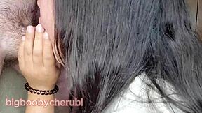 Asian teen's bikini can't hold massive tits while sucking cock!