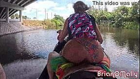 Hot blonde rides jetski then gets rough anal under the bridge.