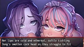 Harem game ep 19, ghost and maid double blowjob contestt