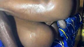 Pounding ebony teen babe's pussy in rough missionary with big cock.