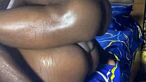 Pounding ebony teen babe's pussy in rough missionary with big cock.