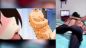 Reacting to hentai blowjobs with cum in throat and big tits, I love how my stepbro shows my ass.