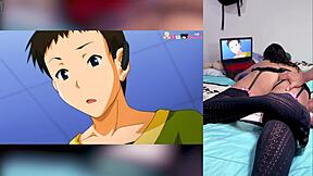 Reacting to hentai blowjobs with cum in throat and big tits, I love how my stepbro shows my ass.