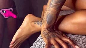 Petite ebony lesbian strap-on fun with barefoot skinny oiled tattooed Renity Love and Majesty Nasty