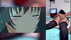 Reacting to hentai blowjobs with cum in throat and big tits, I love how my stepbro shows my ass.