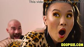 Horny Asian teen slammed hard by neighbor's big dick on Halloween.