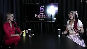 Sofie Lollipop teases with sheer red lingerie, kisses presenter, and shows blowjob skills in group fun 😏