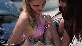 Mercedes car wash turns into wet fucking. Is cute pornstar ready for outdoor action?