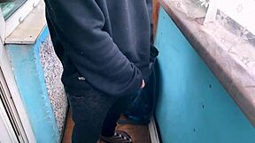 Watch the plump brunette give a tight blowjob on the balcony