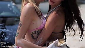 Mercedes car wash turns into wet fucking. Is cute pornstar ready for outdoor action?