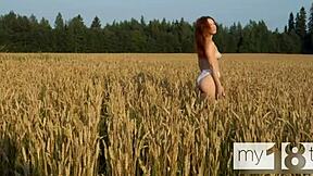 Cute Girl Masturbates Pussy In Field!