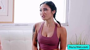 sexy brunette teen masseuse strips for an epic wet massage.