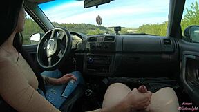 Public Road Car Handjob with Long-Haired Brunette