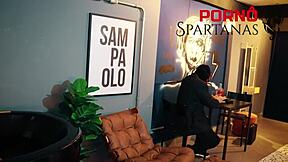 In the close-up, pretty gabily moans during orgasm bent over in cowgirl position, tan lines and big ass visible