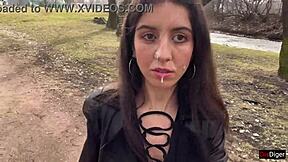 Girl's face drenched in cum for shocking public park walk after blowjob