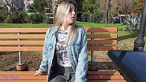 blonde couple's intense outdoor walk with vibrator in pussy