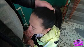 Risky public blowjob on staircase with eager friend