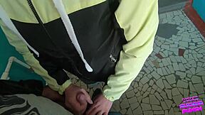 Risky public blowjob on staircase with eager friend