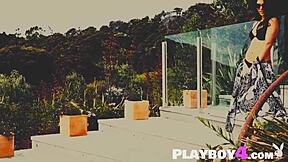 All natural milf rips clothes in hot striptease, exposing big tits and pussy outdoors for playboy