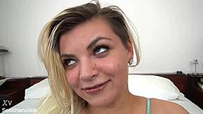Alex, cute petite blonde, delivers pov blowjob and takes huge cum load!