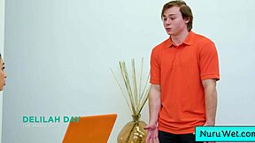 Lovely Pigtail Blonde Masseuse Rubs Naked Body on Horny Client