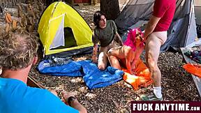 Three boys freeusing hot chick during camping trip