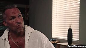 Seductive babe Whitney Wright charms an older guy for cash with her brunette allure and deep skills