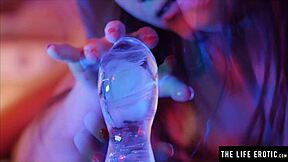 watch her using ice dildo solo