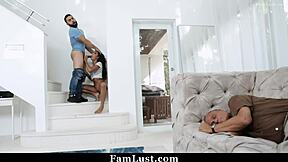 Stepsister rips stepbro's monster cock out and sucks it while stepdad rests