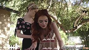 Redhead teen Charlotte Stokely seduced by blonde Maya Kendrick for intimate pussy licking