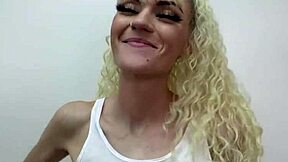 Blonde hottie Sassy deepthroats hard cock and swallows every drop.