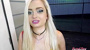 Blonde Starlette rubs pussy and sucks cock