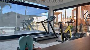 Fit teen with bubble butt bangs trainer after gym workout