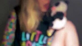 Bonneyuwu in pajamas plays with dildo and plushie on bed