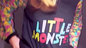 Bonneyuwu in pajamas plays with dildo and plushie on bed