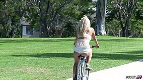 Blonde girl with big natural saggy tits and ass gets picked up for doggystyle fuck, gaping her ass and squirting intensely before cumshot.