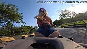 blonde latina teen takes a walk on the highway with her giant ass on a motorcycle.