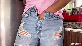 Beauty face Latina teen 18+ bitch caught masturbating at hostel kitchen and gets anal sex by old German tourist