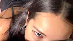 cute and submissive girlfriend giving a deep and sloppy blowjob to a big dick