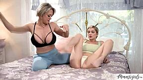 Busty stepmom and stepdaughter tribbing to orgasm in lesbian fun.