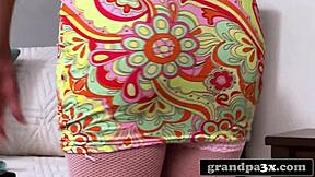 Granddad duo goes wild as young 18+ brunette takes both cocks before the party