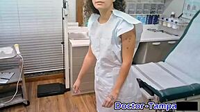 Mara Luv undergoes vibrator exam on shaved pussy with pierced nipples backstage