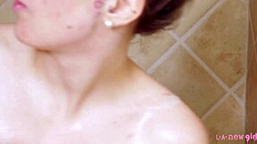 Gorgeous blonde teen 18+ feels shy after shower. Her petite frame on sofa melts my heart during interview.