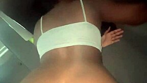 Petite black girl with small tits and big ass fucks big black cock on sofa, reaching orgasm with skinny body.