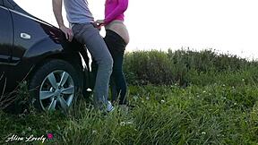 I fucked the horny taxi driver blonde hard by the car at sunset.