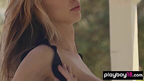 Skinny busty teen 18+ blondie Miss Zita strips and poses naked on porch