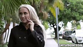 Blonde MILF Mysha Mynx hints at a hard face fuck with the aggressive stud.