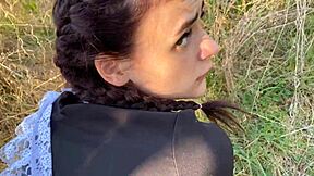 Skinny Brunette Babe Flashes and Bangs in Outdoor Bushes