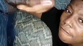 African teen gives sloppy blowjob with cum on her face